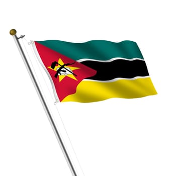 A Mozambique flagpole 3d illustration on white with clipping path