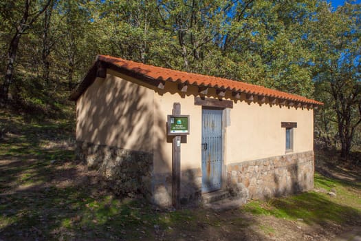 Cabezuela, Spain - Nov 3rd, 2024:  El Escribano shelter at Natural Reserve Garganta de los Infiernos. Caceres, Extremadura, Spain