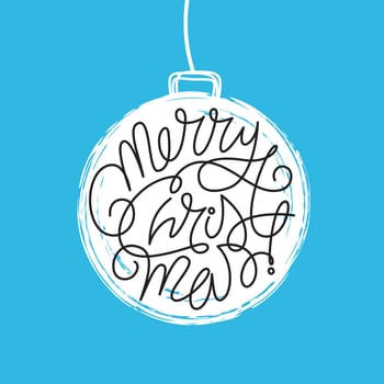 Hand drawn Merry Christmas lettering element in hand painted ink pine tree ball ornament style hanging on a string, holiday card. Vector illustration isolated on white background