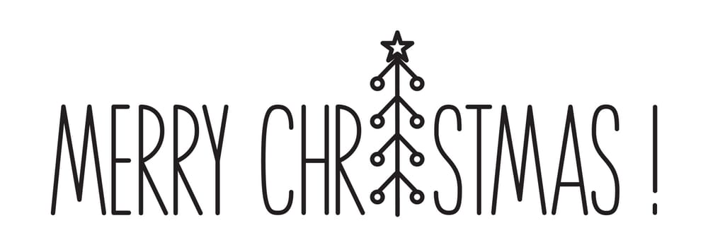 Merry Christmas lettering banner with pine tree hand drawn with thin line, divider shape. Isolated on white background. Vector illustration