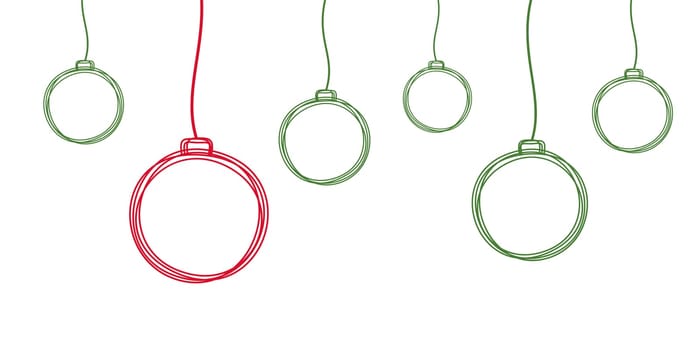 Hand drawn Christmas pine tree ball ornament line hanging on a string, holiday card style with copy space. Vector illustration isolated on white background