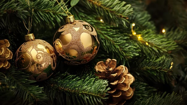 Golden ornaments hang delicately from evergreen branches with pinecones and twinkling lights adding a festive touch during the holiday season.