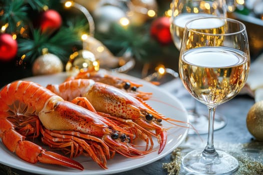 A beautifully arranged plate of shrimp and a glass of white wine are set against a festive Christmas backdrop creating a joyful dining experience.