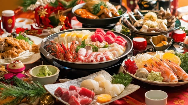 A lavish spread of seafood meats and festive decorations showcases a joyful Christmas celebration with friends gathered to feast.