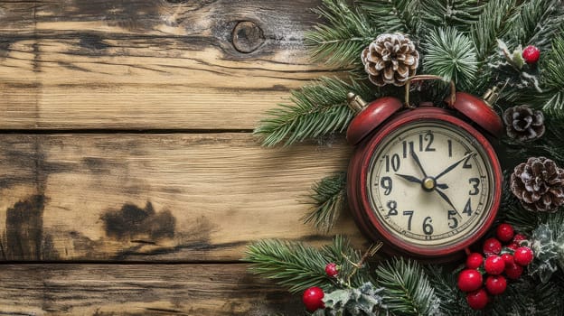 A rustic arrangement features a vintage clock surrounded by evergreen branches pine cones and red berries evoking a festive holiday spirit.