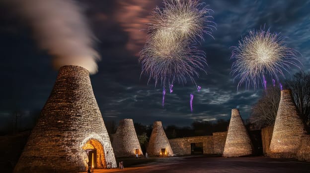 Colorful fireworks illuminate the night sky above historic smokestacks during a joyful Christmas celebration at dusk.