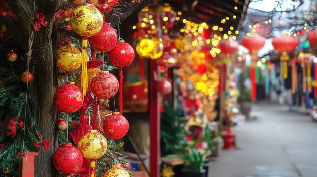 Bright red lanterns and ornaments illuminate a vibrant street bustling with holiday decorations and festive cheer during Christmas celebrations.