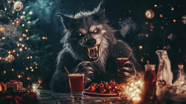A werewolf enjoys Christmas with festive drinks at a decorated table surrounded by twinkling lights and decorations.
