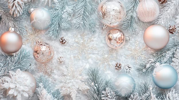 Sparkling ornaments and frosty greenery create a festive atmosphere perfect for celebrating the holiday season with joy and cheer.