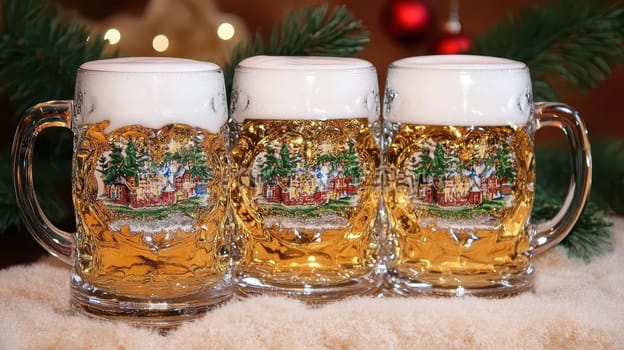 Three decorated beer mugs filled with frothy beer are arranged on a soft surface surrounded by festive holiday decorations and greenery.