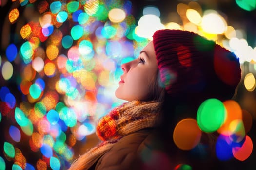 A young girl in a winter hat gazes up at colorful Christmas lights. The vibrant display enhances the festive atmosphere of the season.