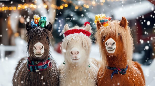 Three decorated horses stand together in the snow adorned with gifts and festive attire. Soft snowflakes fall around them amidst holiday decorations.