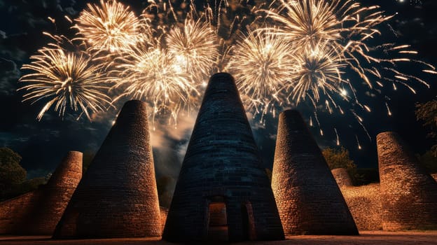 Colorful fireworks burst above stone structures during a festive celebration illuminating the night sky with vibrant colors and excitement.