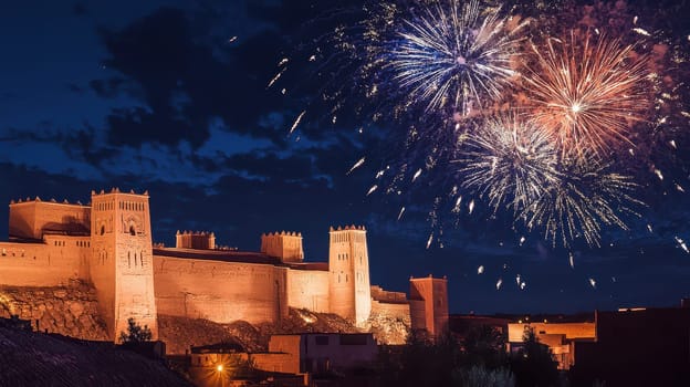 Colorful fireworks light up the night sky over a historic fort celebrating the Christmas season in a vibrant display of joy and tradition.
