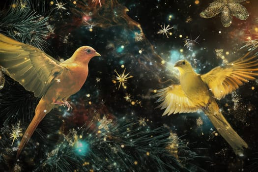 Two vibrant birds soar through a starry magical sky filled with festive decorations during the Christmas season.