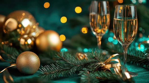 Elegant Christmas setting featuring champagne glasses golden ornaments and greenery against a sparkling background with warm lights.