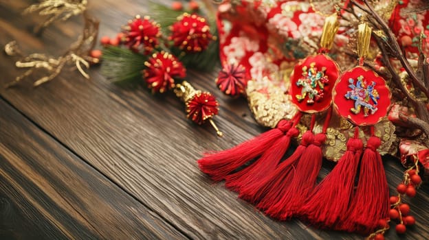 Beautiful red tassels and ornaments adorn a rustic wooden table capturing the spirit of Christmas with vibrant colors and traditional elements.
