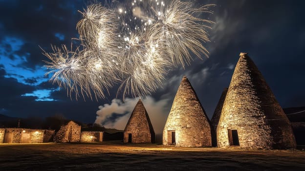 Colorful fireworks burst in the night sky over historic stone structures during a Christmas celebration creating a magical atmosphere.