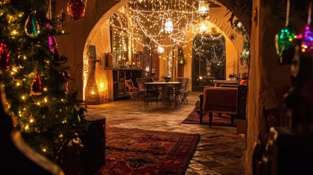 Beautifully lit archway showcases elegant Christmas decorations and a welcoming dining area adorned with festive elements and a tree.