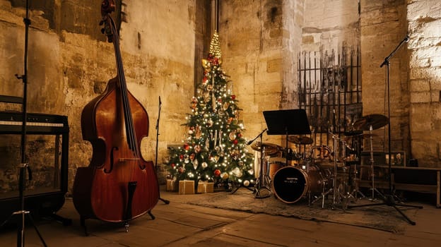 A beautifully decorated Christmas tree stands beside musical instruments in a warm inviting space during the festive season.