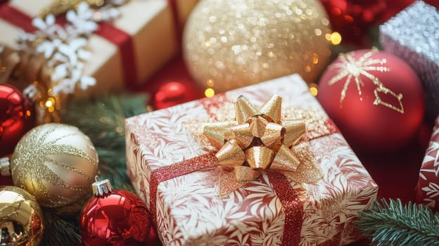 Colorful gifts and shiny ornaments create a joyful holiday vibe perfect for Christmas celebrations.