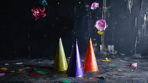Three vibrant party hats sit on a colorful confetti covered floor adding to the festive atmosphere of a celebration.