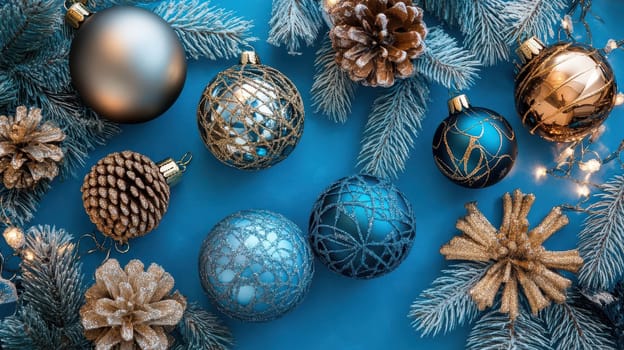 Festive Christmas ornaments and pine cones display a joyful holiday spirit on a vibrant blue surface creating a delightful seasonal atmosphere.