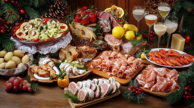 A vibrant Christmas buffet filled with assorted dishes including meats seafood salads and festive drinks adorned with seasonal decorations.