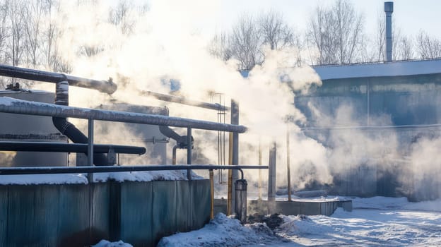 Steam rises from industrial pipes on a cold winter day with snow covering the ground and frost on trees in the background.