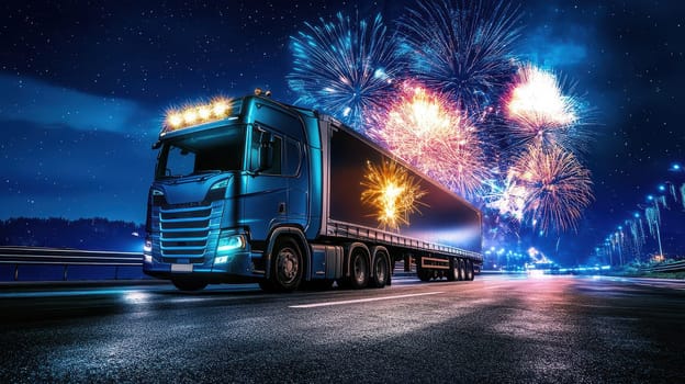 A blue truck is parked on a highway under a night sky filled with vibrant fireworks. The festive atmosphere creates a joyful scene.