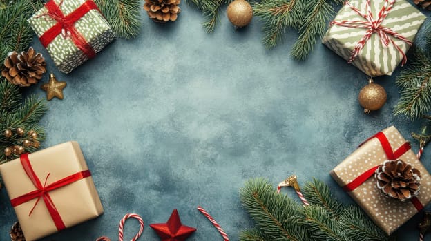 Colorful wrapped gifts and decorations are arranged on a textured blue background. Pinecones and greenery enhance the holiday spirit.