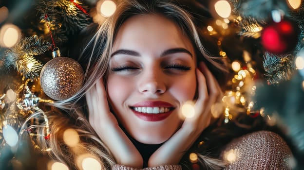 A joyful woman rests among festive decorations with Christmas lights and ornaments showcasing the spirit of holiday cheer and warmth.