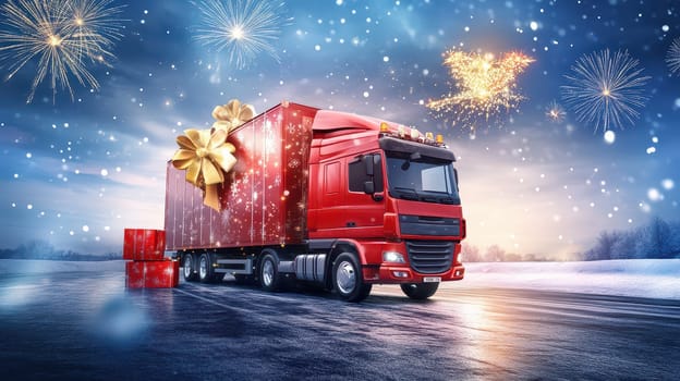 A red truck carrying large gifts travels through a snowy landscape surrounded by colorful fireworks lighting up the night sky celebrating Christmas.