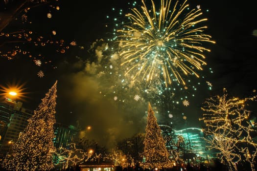 Colorful fireworks burst above a park adorned with sparkling Christmas lights on a joyful evening shared by families and friends.