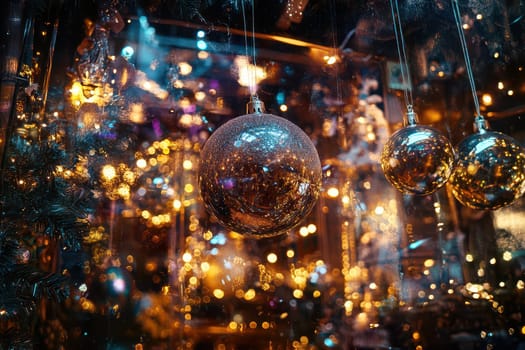 Bright ornaments hang elegantly surrounded by twinkling lights creating a joyful atmosphere during the Christmas celebration.