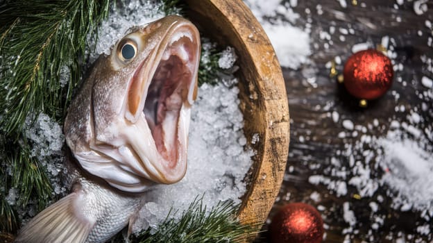 A large fish with an open mouth rests on ice surrounded by pine leaves and red ornaments capturing the festive holiday spirit.
