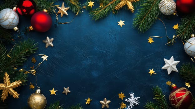 Colorful ornaments and golden stars surround a dark surface creating a festive atmosphere for Christmas celebrations and gatherings.