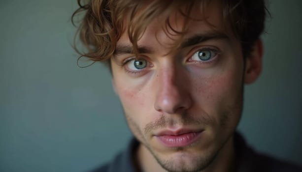 A young man from Russia gazes directly at the viewer with striking blue eyes. Tousled hair and relaxed expression. Introspection and tranquility. Portrait of a handsome man of 30 years. Generative AI.