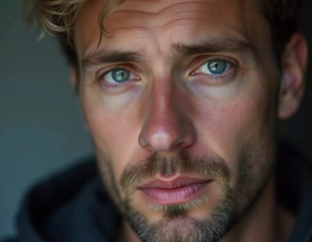 A young man from Russia gazes directly at the viewer with striking blue eyes. Tousled hair and relaxed expression. Introspection and tranquility. Portrait of a handsome man of 30 years. Generative AI.
