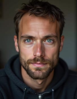 A young man from Russia gazes directly at the viewer with striking blue eyes. Tousled hair and relaxed expression. Introspection and tranquility. Portrait of a handsome man of 30 years. Generative AI.