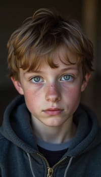 A young boy from Russia gazes directly at the viewer with captivating grey eyes. His tousled hair frames his face and he wears a cozy casual clothes. Rosy cheeks, piercing serious look. Generative AI
