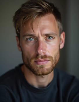 A young man from Russia gazes directly at the viewer with striking blue eyes. Tousled hair and relaxed expression. Introspection and tranquility. Portrait of a handsome man of 30 years. Generative AI.