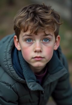 A young boy from Russia gazes directly at the viewer with captivating grey eyes. His tousled hair frames his face and he wears a cozy casual clothes. Rosy cheeks, piercing serious look. Generative AI