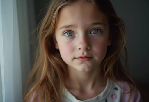 A young girl stands indoor in Russia, her striking grey-blue eyes gazing intently at the viewer. Natural light enhances her delicate features and long hair. Cute kid teenager schoolgirl. GenerativeAI.