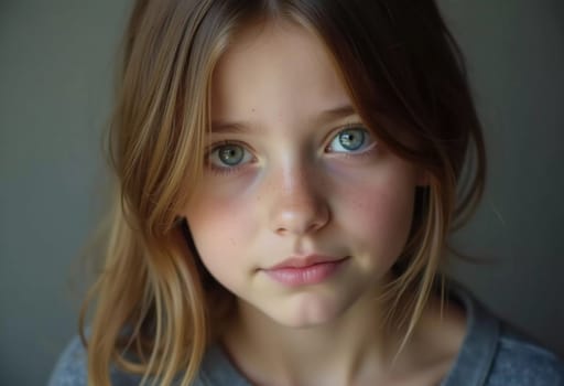 A young girl stands indoor in Russia, her striking grey-blue eyes gazing intently at the viewer. Natural light enhances her delicate features and long hair. Cute kid teenager schoolgirl. GenerativeAI.