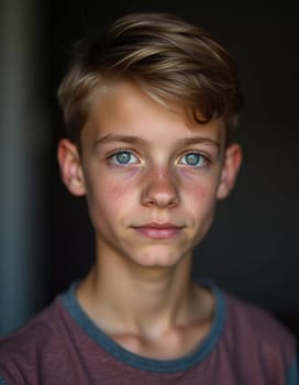 A young boy from Russia gazes directly at the viewer with captivating grey eyes. His tousled hair frames his face and he wears a cozy casual clothes. Rosy cheeks, piercing serious look. Generative AI