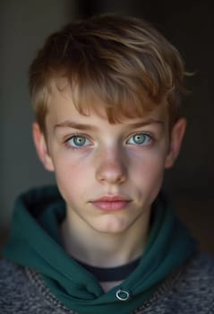 A young boy from Russia gazes directly at the viewer with captivating grey eyes. His tousled hair frames his face and he wears a cozy casual clothes. Rosy cheeks, piercing serious look. Generative AI