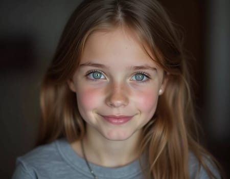 A young girl stands indoor in Russia, her striking grey-blue eyes gazing intently at the viewer. Natural light enhances her delicate features and long hair. Cute kid teenager schoolgirl. GenerativeAI.