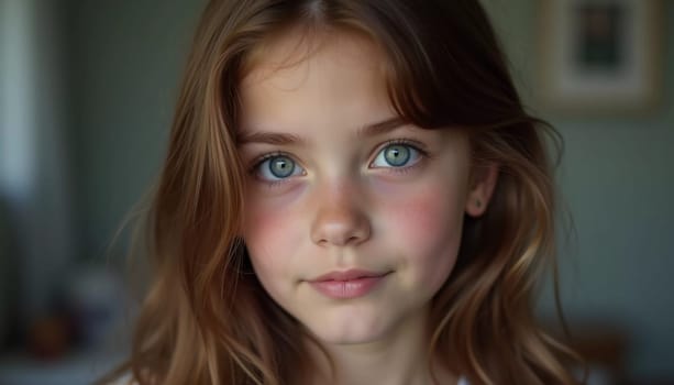 A young girl stands indoor in Russia, her striking grey-blue eyes gazing intently at the viewer. Natural light enhances her delicate features and long hair. Cute kid teenager schoolgirl. GenerativeAI.