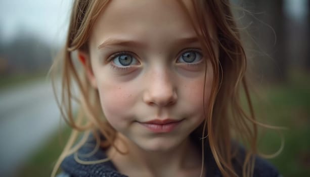 A young girl stands indoor in Russia, her striking grey-blue eyes gazing intently at the viewer. Natural light enhances her delicate features and long hair. Cute kid teenager schoolgirl. GenerativeAI.